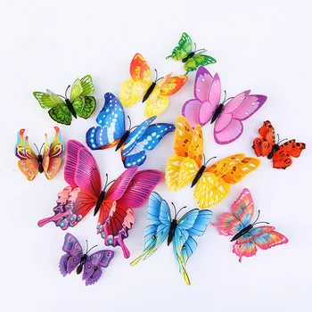  12 Бр 3D Триизмерна Двупластова Изкуствена Цветна Пеперуда Творчески Дом Фон За Хола Декорация на Стени Сватба