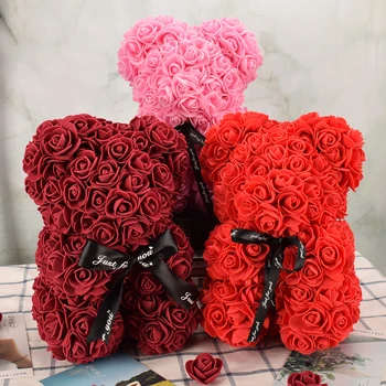  25 см Плюшено Мече Сърцето на Изкуствени Цветя, Роза Подарък За Свети Валентин Сватбени Бижута Ръчна изработка Роза Нова Година Коледа Начало Декор