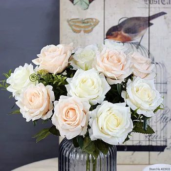  6 Гола Бяла Роза Изкуствени Цветя от Коприна с Високо Качество за Сватбена Украса Зимни Фалшиви Големи Червени Цветя за Дома Есен