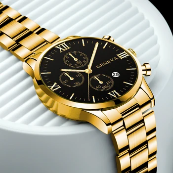  Geneva Модерен Мъжки Часовник Луксозни Златни Кварцов Ръчен Часовник От Неръждаема Стомана Мъжки Бизнес Ежедневни Часовници С Календар relogio masculino