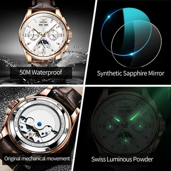  OUPINKE Автоматични Часовници за Мъже Луксозни Механични Непромокаеми Кожени Сапфирен Кристал Фаза на Луната Ден Оригинални Ръчни Часовници за Подарък