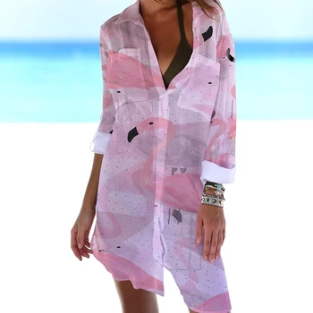  Жена топ с принтом фламинго, случайни всекидневни монтиране топ с 3D принтом, артистична риза с Отложным яка, плажна пола-бикини