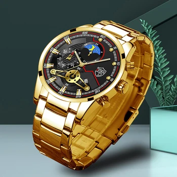  Златни Мъжки Часовник от Неръждаема Стомана, Светещи Ежедневни Спортни Часовници, Военни Ръчни Часовници за Мъже, Подарък за Коледа за Гадже Reloj