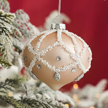  Коледна Украса Тухла Инкрустирани Бял Стъклен Глобус Капки Вода Топка, Ръчно Рисувани Коледни Топка На Коледна Елха Висулка