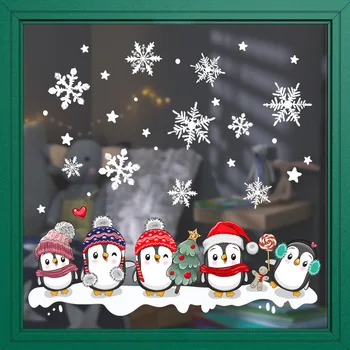  Коледни Украси Етикети На Прозорци Статичен Двоен Страничен Изглед Интериор Новост Празнична Коледно Парти Декор Сладък Пингвин Снежинка