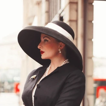  модни градинска черна широка периферия вълнена панама с широка периферия, дамски реколта голяма шапка за жени, подобна на Одри Хепбърн