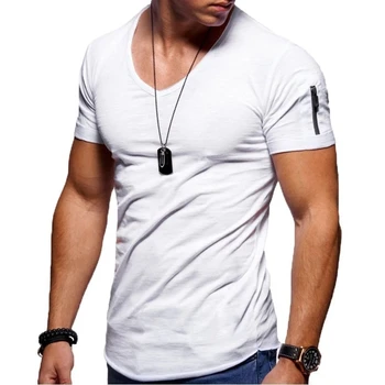  Мъжка тениска с V-образно деколте 2022, лятна Памучен Ежедневни тениска с цип с къс Ръкав