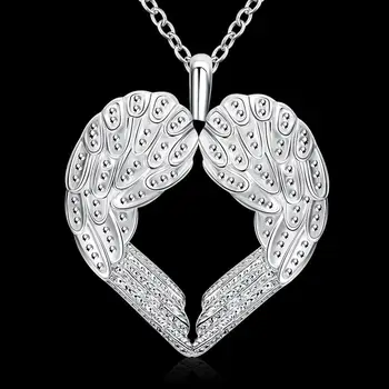  Нова мода Печат 925 Сребро цвят Верижки И Колиета За Жени Jewelry Крилата на Ангела на сърце Висулка Коледни подаръци вечерни Сватбени