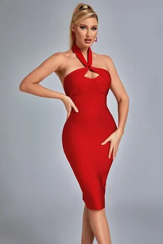  Продажба на едро, Дамско Лятото Червена рокля 2022 година с бретелькой на шията и отворен гръб с Дължина до Коляното, Секси Вечерна Рокля за Коктейл известни Личности, Бандажное Рокля