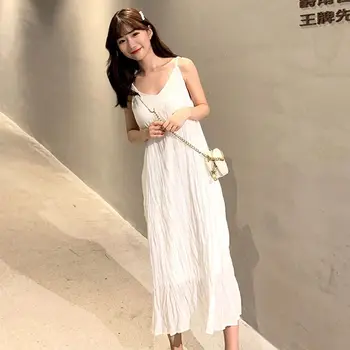  Рокля без ръкави женски V-образно деколте ботильоны дължина Фея шифон гънки клубна облекло casual лято корейски стил спагети каишка рокля Инс