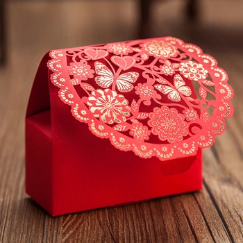  Романтична Торбичка За Бонбони За Украса Червена Пеперуда На Цвете Сладка Опаковка Сватбена Събитие Вечерни Аксесоари, Подаръци И Сувенири Кутия За Гости