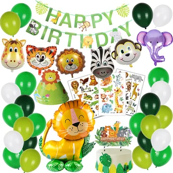  Сафари Декорация на рождения Ден в Джунглата на Парти за Доставка са Включени Банер на рождения Ден на Шапка Животни Балони за Децата Момчетата Рожден Ден