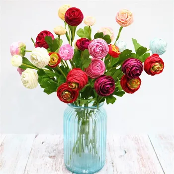 Стъблото Копринени Цветя Ранункулюса 3 Глави Имитация на Клони Рози Melaleuca за Сватбен Домашно Цвете за Декорация
