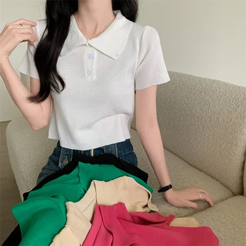  Трикотажни 5 Цвята Тениски Дамски Съкратен Блузи С Къс Ръкав Сладки Чисто Елегантни Сладки Колеж Фини Модни Корейски Женски Harajuku